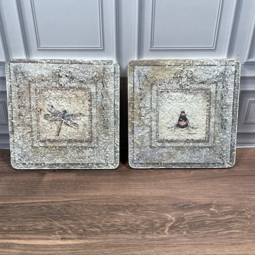 Dragonfly & Bumble Bee Ceramic Coasters Distressed Rustic Cork Backing Set‎ of 2